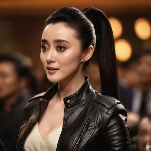 范冰冰，马尾辫，紧身皮衣，向我展示一张资格证书



,a woman wearing a black leather jacket and looking straight ahead,yifei,xiaojie,xiaoqing,daqian,xueqian,xiaofei,Photography,General,Cinematic