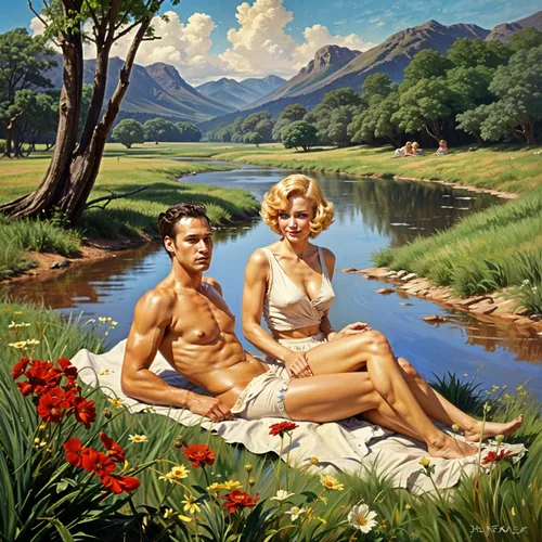 idyll,the blonde in the river,young couple,bathers,sunbathers,girl and boy outdoor