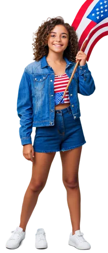 Free-use Independence Day girl, solo, (18yo), sparkling eyes, bright smile, curly brown hair, star-spangled dress, blue denim jacket, white sneakers, holding American flag, standing proudly, confident