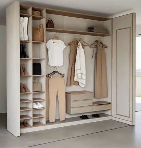 an organized closet with clothes and shoes hanging on the wall,walk-in closet,wardrobes,mudroom,storage cabinet,wardrobe,garderobe,Photography,General,Realistic