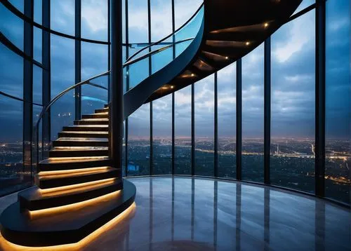 the observation deck,observation deck,escaleras,escalera,stairway,staircase,staircases,elevators,skywalks,outside staircase,mirador,spiral staircase,steel stairs,glass wall,escalatory,vertiginous,stairwell,skydeck,observation tower,skyscraper,Illustration,Realistic Fantasy,Realistic Fantasy 45