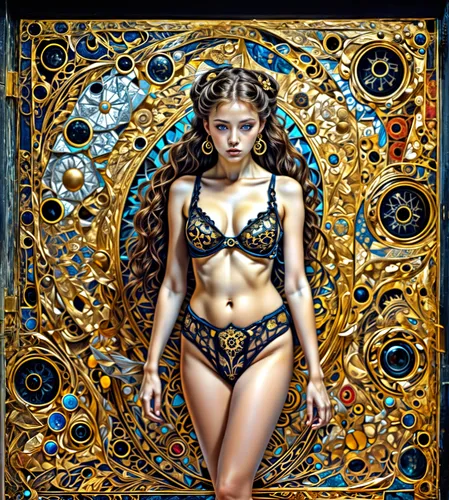 Extender y completar la imagen,cleopatra,venus,tapestry,gold foil art,fantasy art,art nouveau frame,dark blue and gold,art model,decorative figure,gold filigree,bodypaint,gold frame,art nouveau,body p