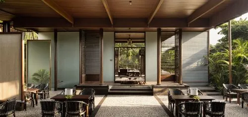 outdoor dining area , Vietnam, tropical style, retro, Indochine, beige, terrazzo floor
,an indoor area with tables and chairs next to trees,veranda,patios,verandas,teahouse,verandah,ryokan,Photography