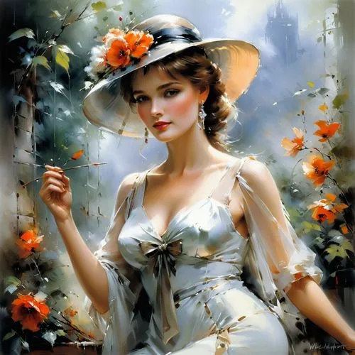 heighton,domergue,vintage woman,gardenia,girl in flowers,whitmore,orange blossom,viveros,vintage girl,art deco woman,vanderhorst,girl in the garden,vintage flowers,vintage women,leyendecker,gardenias,flower girl,horst,vintage illustration,etty,Conceptual Art,Oil color,Oil Color 03