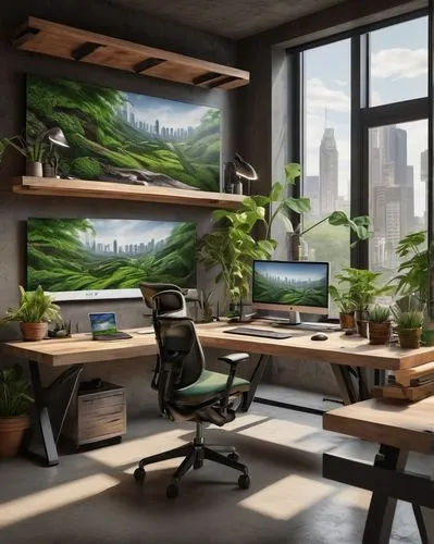 modern office,working space,blur office background,creative office,office desk,forest workplace,workstations,offices,workspaces,work space,desk,workspace,computer room,computer workstation,bureaux,wooden desk,study room,bureau,office,desks,Illustration,American Style,American Style 02