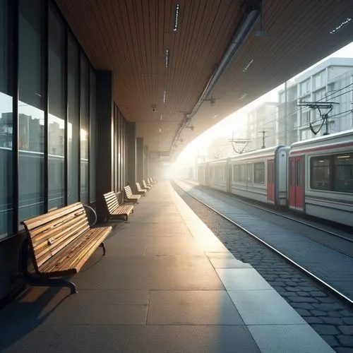 Tranquil tram station, Gainsboro color scheme, modern architecture, sleek lines, minimalist design, gentle curves, large windows, natural light pouring in, wooden benches, stainless steel handrails, s