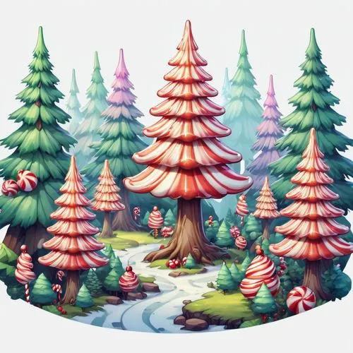 mushroom landscape,fairy forest,fir forest,coniferous forest,mushroom island,cartoon forest,Illustration,Abstract Fantasy,Abstract Fantasy 11