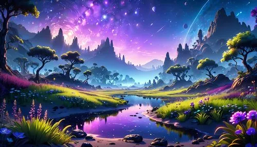 purple landscape,fantasy landscape,fairy galaxy,fairy world,unicorn background,fairy forest,landscape background,fantasy picture,colorful stars,purple wallpaper,cartoon video game background,forest of dreams,children's background,fantasia,3d fantasy,fairytale forest,nature landscape,mushroom landscape,full hd wallpaper,world digital painting,Anime,Anime,Cartoon