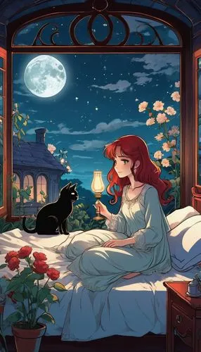 romantic night,ranma,sleeping rose,the sleeping rose,ghibli,romantic scene,Illustration,Retro,Retro 13