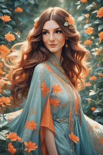 Create an image of a woman's profile with a highly stylized and artistic interpretation. Her hair and clothing should flow around her in smooth, wavelike patterns, featuring a harmonious blend of cool