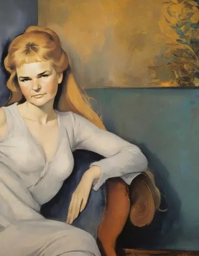 painting of woman seated on chair with blue wall and artwork behind,woman sitting,tymoshenko,kidman,lempicka,timoshenko,sylvian