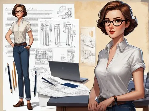 Risa Boyer, modern architect, 30s, short brown hair, black-rimmed glasses, white shirt, rolled-up sleeves, dark blue jeans, standing, designing, architectural model, desk lamp, pencils, papers, urban 