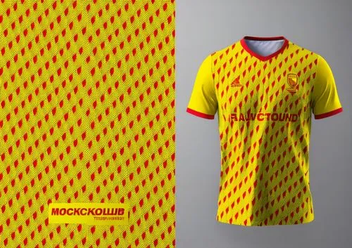 t shirt jersey team mockup yellow and red color halftone dotted design,a yellow and red jersey sitting on top of a table,jagiellonia,nordsjaelland,sepakbola,red yellow,dukla,syrianska,Photography,Gene