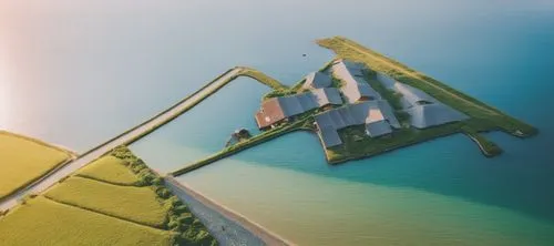 a large house sits on a stilch in a body of water,island suspended,artificial islands,floating huts,stiltsville,sunken church,offshore wind park,inverted cottage,floating islands,house with lake,seast