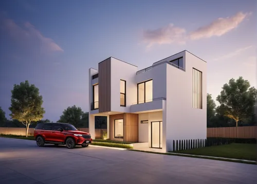 Modern two-story house, with a garage on the ground floor on the left. Minimalist style.,modern house,3d rendering,modern architecture,residential house,build by mirza golam pir,cubic house,render,sma