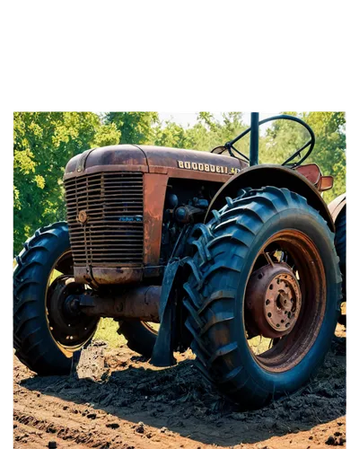 Tractor, muddy wheels, metal body, rusty details, worn-out tires, old-fashioned headlights, vintage license plate, rural setting, afternoon sun, soft lighting, shallow depth of field, warm color tone,