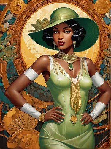 lily of the nile,art deco woman,tiana,african american woman,cleopatra,prosperity and abundance,nigeria woman,transistor,beautiful african american women,african woman,jasmine,black woman,cuban emerald,prosperity,black women,queen bee,art deco,afro american girls,fantasy art,emerald,Illustration,Realistic Fantasy,Realistic Fantasy 21