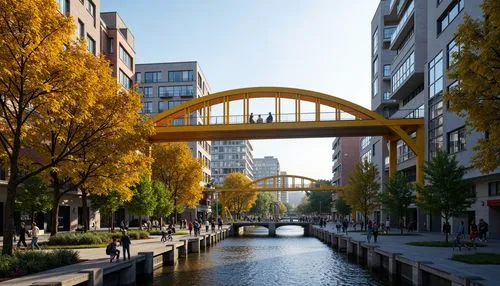 Vibrant urban landscape, steel arch bridge, modern infrastructure, bold primary colors, bright yellow accents, deep blue undertones, warm golden lighting, sunny afternoon, shallow depth of field, 1/1 