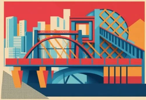 frontal composition of geometric shapes, lines on the theme of a bridge in the city,a colorful city scene with a bridge and tall buildings,memphis shapes,puente,serigraphs,arnhem,pdx,bridged,Illustrat