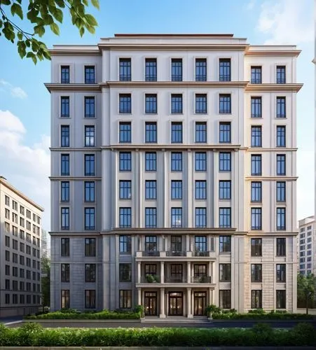 20 этажный жилой дом в классическом стиле с плоской крышей ,a tall white building surrounded by lots of windows,plattenbau,appartment building,architekten,samaritaine,kempinski,colombes,Photography,Ge