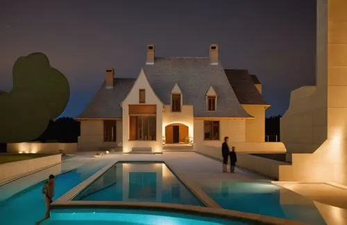 glass pool bricks tiles garden trees people castle landscape summer sunlight spotlight night view natural stone,pool house,dreamhouse,luxury property,luxury home,chateau,mansion,domaine,private house,