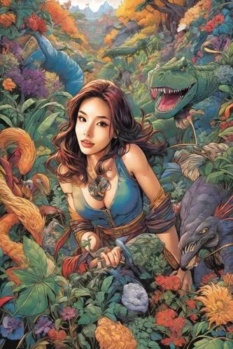 a woman is kneeling on the ground in a field with dinosaurs,dyesebel,background ivy,secret garden of venus,mermaid background,fantasy picture,naiad,Digital Art,Comic