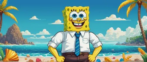 SpongeBob SquarePants, pixel art style, bright yellow skin, blue eyes, white teeth, optimistic smile, messy brown hair, casual posture, leaning forward, hands clasped together, wearing a white shirt w