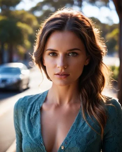 a woman in blue sweater sitting on the sidewalk next to trees,tripplehorn,stana,maia,luddington,zabriskie,cardigan,Photography,General,Cinematic