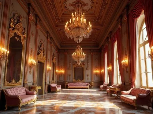 Ornate palace, grandiose high ceilings, intricately carved wooden panels, lavish chandeliers, rich velvet fabrics, gilded mirrors, ornamental moldings, marble floors, luxurious furnishings, dramatic d