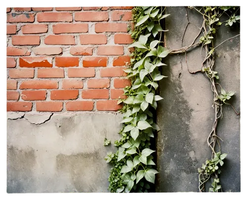 Red brick wall, old, worn-out, weathered, detailed texture, mortar gaps, cracks, vertical composition, close-up shot, dramatic lighting, high contrast, warm color tone, rough stone foundation, ivy cli