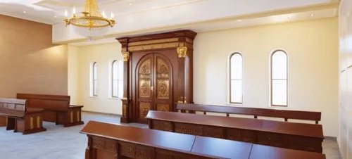 empty church with wooden benches, chandeliers and tables,courtroom,sacristy,synagogues,courtrooms,kollel,chappel,Photography,General,Realistic