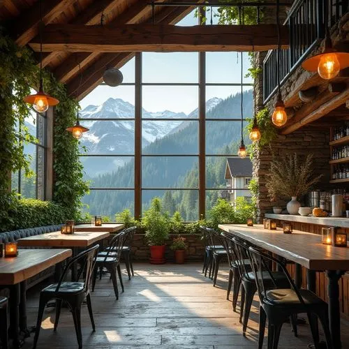 Mountainous pub interior, eco-friendly design, reclaimed wooden tables, recycled metal chairs, living green walls, natural stone flooring, large windows, panoramic view of snow-capped mountains, minim