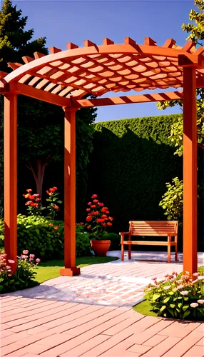 Pergola, garden decoration, wooden structure, curved lines, natural texture, warm color tone, afternoon sunlight, soft shadow, 3/4 composition, shallow depth of field, realistic rendering.,pergola,jap