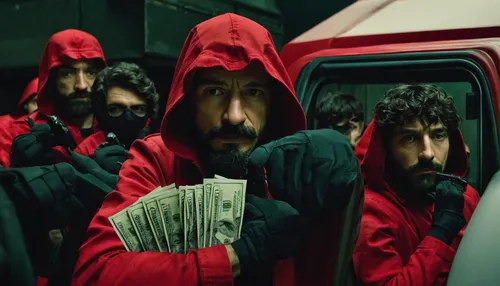 Write an intense sequence where the Money Heist team devises a complex strategy to hijack a convoy transporting millions of dollars.,money heist,usd,hard money,mafia,dollar rain,300s,300 s,money rain,