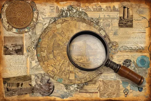 Uncover ancient artifacts with a magnifying glass in an archaeological dig.,treasure map,digiscrap,magnifying glass,magnify glass,reading magnifying glass,magnifier glass,antique background,old world 