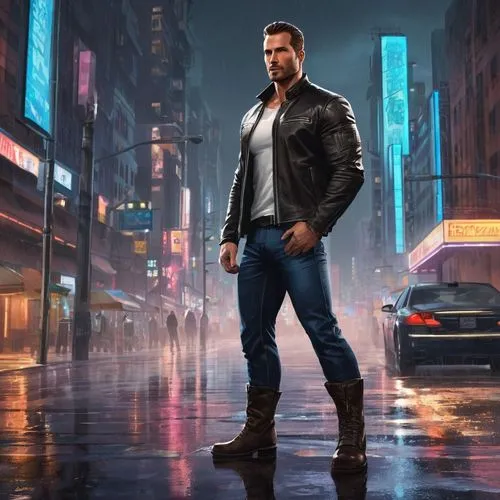 James Talion, muscular man, 35yo, strong facial features, short brown hair, blue eyes, sharp jawline, casual wear, black leather jacket, white T-shirt, dark jeans, boots, standing, city street, night 