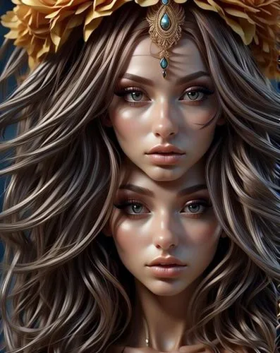 dryads,priestesses,diwata,fantasy portrait,margairaz,behenna,fantasy art,mervat,elsas,margaery,rhinemaidens,boho art style,faery,viveros,golden crown,golden flowers,boho art,pleiades,world digital painting,oshun