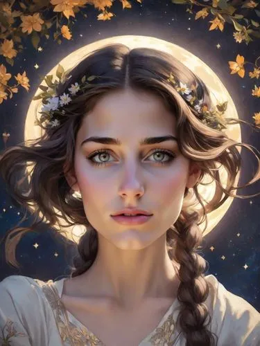 portrait of a girl with dark brown hair in the painting style of Alphonse Mucha, starry night, moon, flowers.,an image of a woman with long hair wearing a wreath of flowers and leaves,mystical portrai