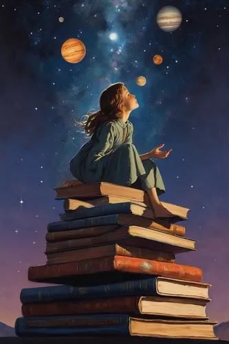 astronomer,sci fiction illustration,astronomy,girl studying,books,astronomers,child with a book,little girl reading,reading,bookworm,read a book,stargazing,magic book,astral traveler,constellations,imagination,the universe,universe,the books,readers,Art,Classical Oil Painting,Classical Oil Painting 12