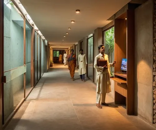 the young men are standing in the hallway,amanresorts,corridor,hallway,hotel hall,sabyasachi,oberoi,Photography,General,Realistic