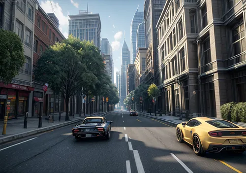 street canyon,new york streets,city highway,narrow street,tram road,city car,racing road,3d rendering,greystreet,mclaren 650s,city scape,alfa romeo mito,city life,street racing,financial district,urba