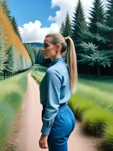 The picture shows a person with long, blond hair tied back in a high ponytail, standing barefoot outdoors in a wooded area. In the background are trees, bushes and a hint of a small fence in the middl