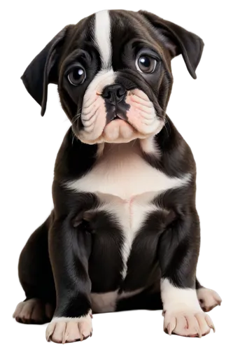 Cute black and white bulldog puppy, sitting, round face, wrinkled skin, short snout, big eyes, floppy ears, tiny nose, soft fur, fluffy texture, playful expression, front paws together, 3/4 compositio