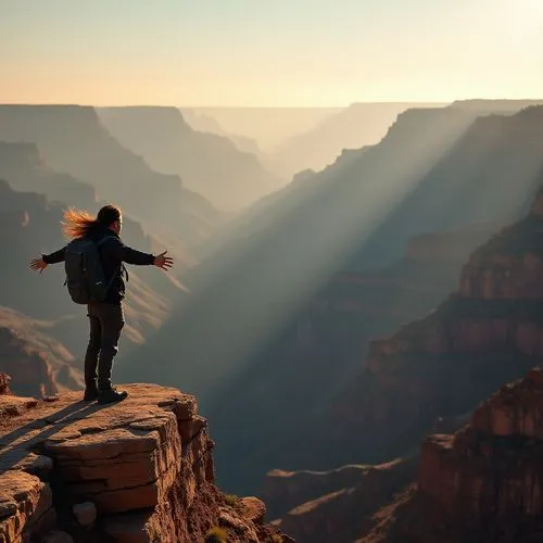 Grand Canyon, majestic natural wonder, vast expanse, deep valley, rocky cliffs, layered earth tones, warm golden light, dramatic shadows, misty atmosphere, serene ambiance, solo figure, standing at th