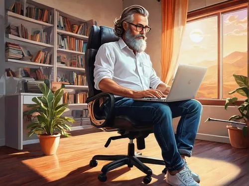 man with a computer,world digital painting,telecommuting,illustrator,work at home,telecommuter,creative office,sci fiction illustration,inntrepreneur,male poses for drawing,office chair,vector illustration,graybeard,remote work,adobe illustrator,caricaturist,schnauss,commissionner,work from home,telecommute,Illustration,Realistic Fantasy,Realistic Fantasy 39