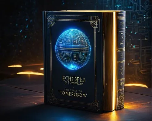 Futuristic sci-fi book cover, sleek metallic surface, glowing blue circuits, holographic display screen, levitating orb, mysterious ancient runes, worn leather-bound edges, golden font title "Echoes o