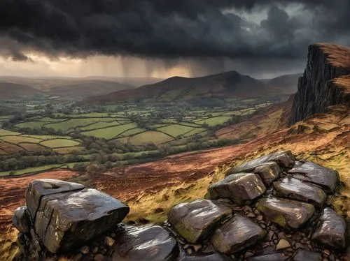 sharp focus, a realistic bleak image of a gritstone edge in northern England on a stormy day, landscape, rain, dark clouds, rocks, trees,stone walls and a boulder overlook the valley below,ribblesdale