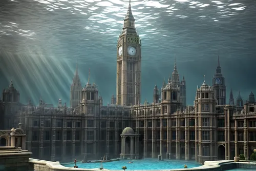 water castle,house of the sea,sunken church,underwater landscape,imperial shores,underwater background,submerged,big ben,underwater playground,underwater oasis,underground lake,atlantis,westminster pa