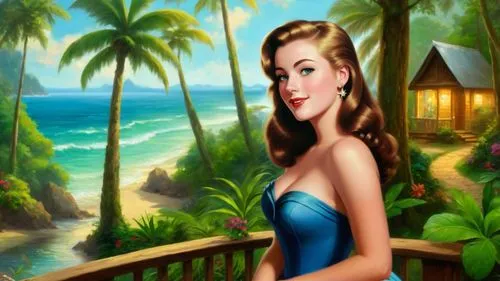 Romantic masterpiece oil painting, cute girl portrait, nostalgic 1950's style kitsch, vibrant rainforest landscape, lush tropical jungle paradise, summer beach vacation seaside cottage scenery, by Tho