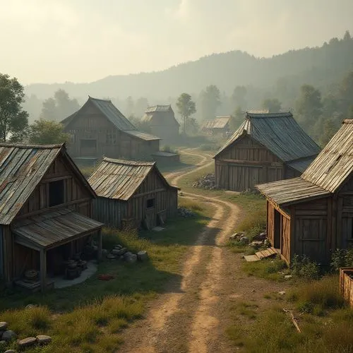 Rustic countryside, vintage barns, distressed wood textures, corrugated metal roofs, asymmetrical facades, dynamic angular lines, bold geometric shapes, earthy color palette, natural stone foundations